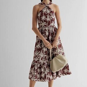 Express Womens Brown White Palm Tree Midi Halter Neck Tiered Dress Size S NWT